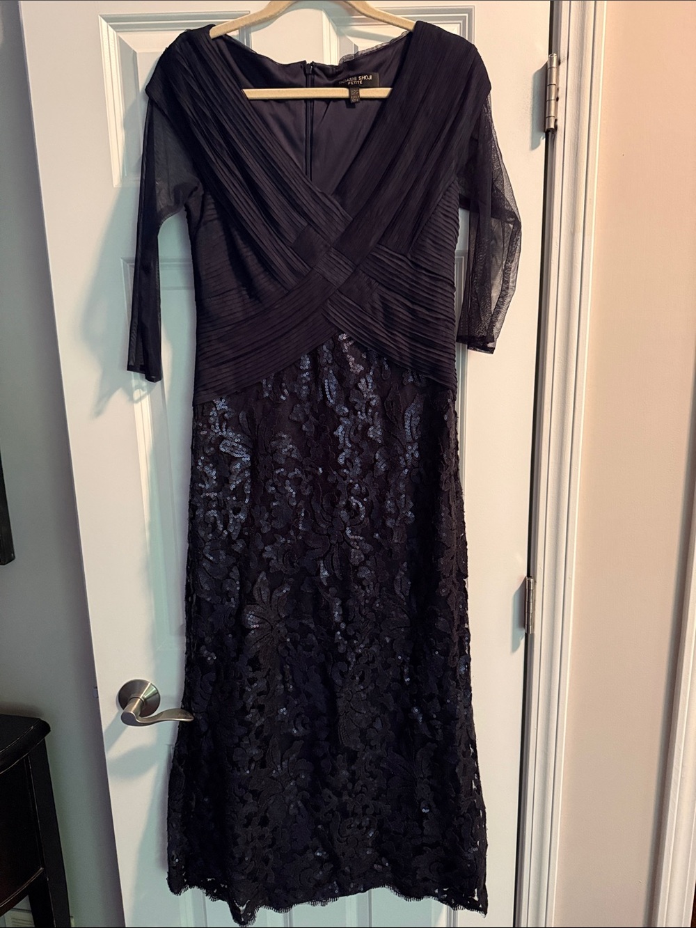 Tadashi Shoji Black Lace Midi Dress with Sheer Three-Quarter Sleeves